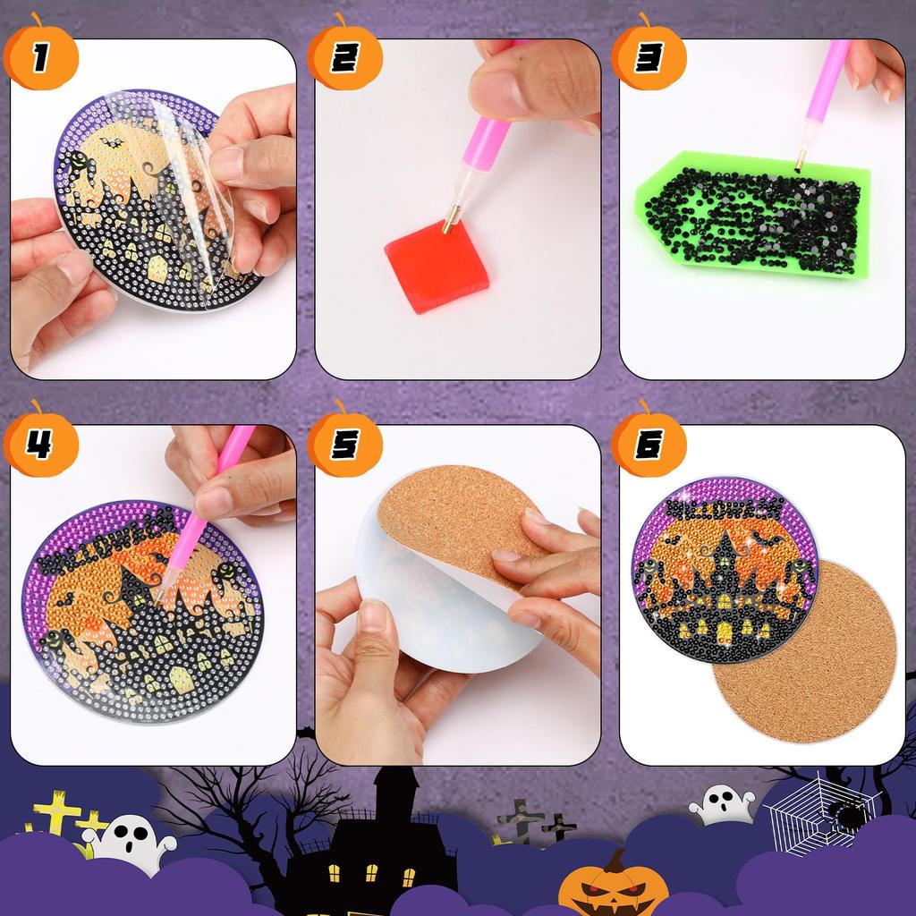 JANLOFO Halloween Set of Diamond Art Halloween Diamond Art Halloween Handmade Craft Kit Coasters, 8, Coasters, Gift, Kit, Beginner's Decoration, Kit,
