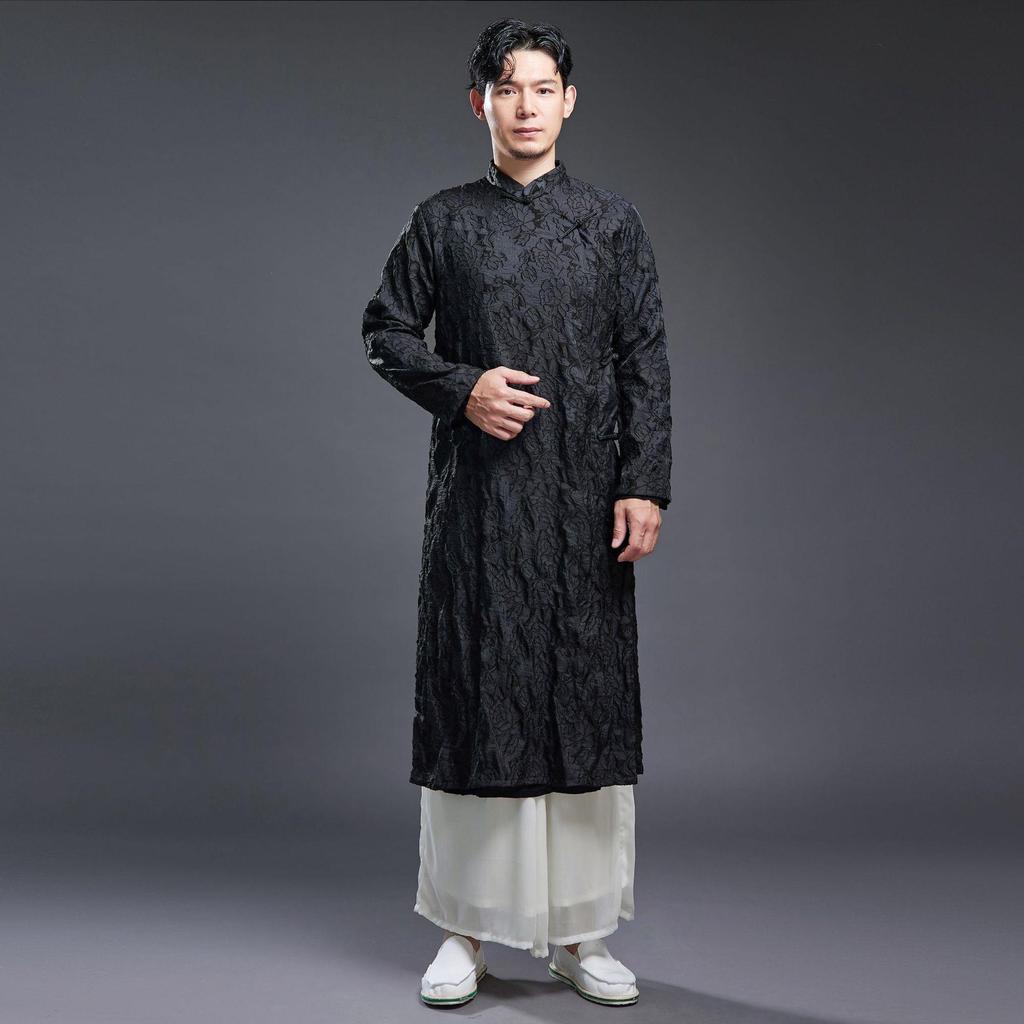 Męska Retro Etniczna Stójka Żabie Guziki Długa Szata Szlafrok