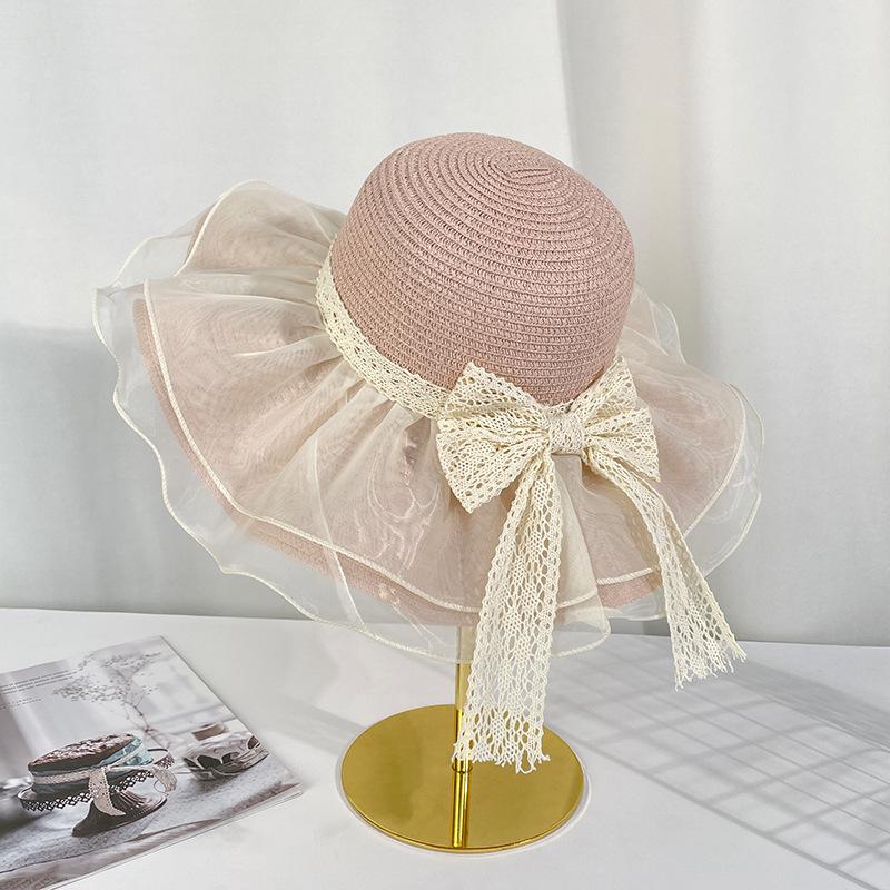 Mesh Bow Lace Straw Hat Summer Big Brim Sun Protection Sun Hat Seaside Beach Resort Sun Hat