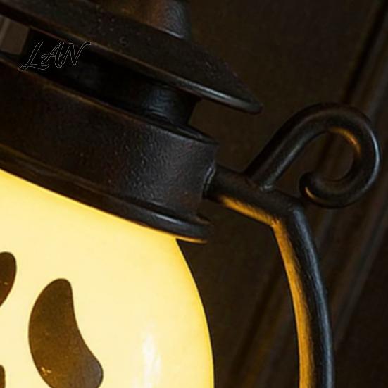 Safe Flameless Candle Halloween Ghost Face Night Light, Portable Retro LED Lamp with Hanging Decorative Lantern Ring, Battery Operated Vintage