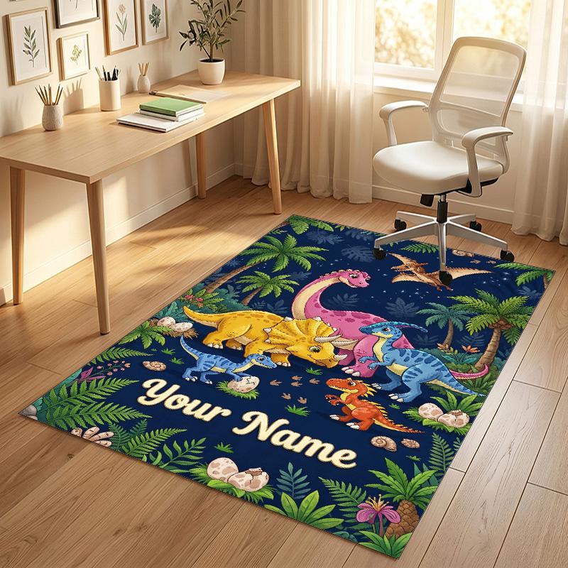 Dinosaur Theme Crystal Velvet Rug Personalized Custom Name Text Soft Floor Mat Home Decor
