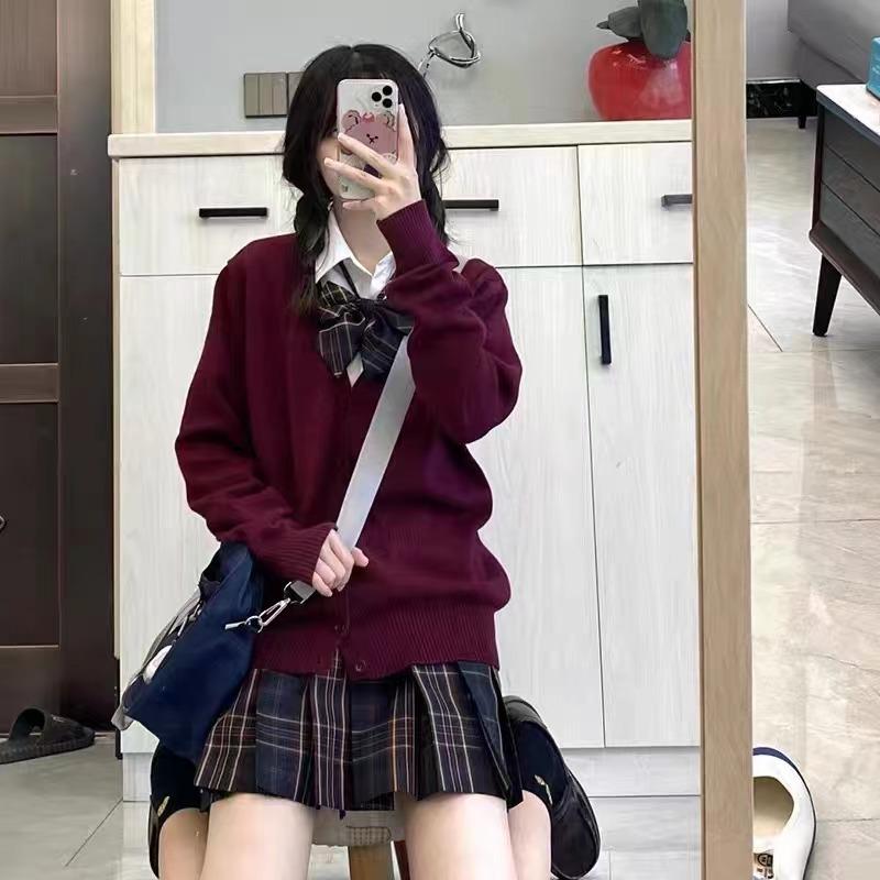 Spring and Autumn JK Uniform, V-neck Knit Cardigan, Sweater for Women, Japanese Collegiate Solid Color Lightweight Jacket, Versatile Long-sleeve Top