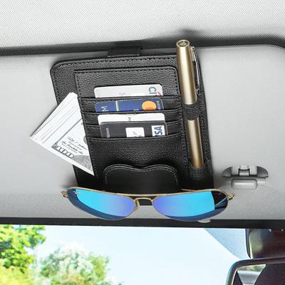 Bolsa para Parasol de Coche, Organizador de Gafas de Cuero PU, Portatarjetas Universal para Parasol, Organizador Ajustable con Múltiples Bolsillos para Almacenamiento de Gafas de Sol y Tarjetas