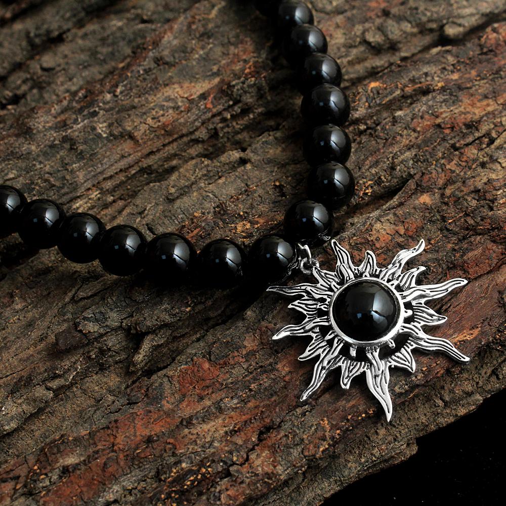 Black Onyx Sun Necklace, Silver Charm Jewelry, Natural Beads Necklace, 925 Sterling Silver, Handmade Jewelry