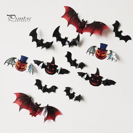 Halloween Party Wall Decor 12Pcs Bats Decals, 3D Bat Stickers for Home Decor, Hanging Decorations 4 Size Waterproof Black Spooky Bedroom Living
