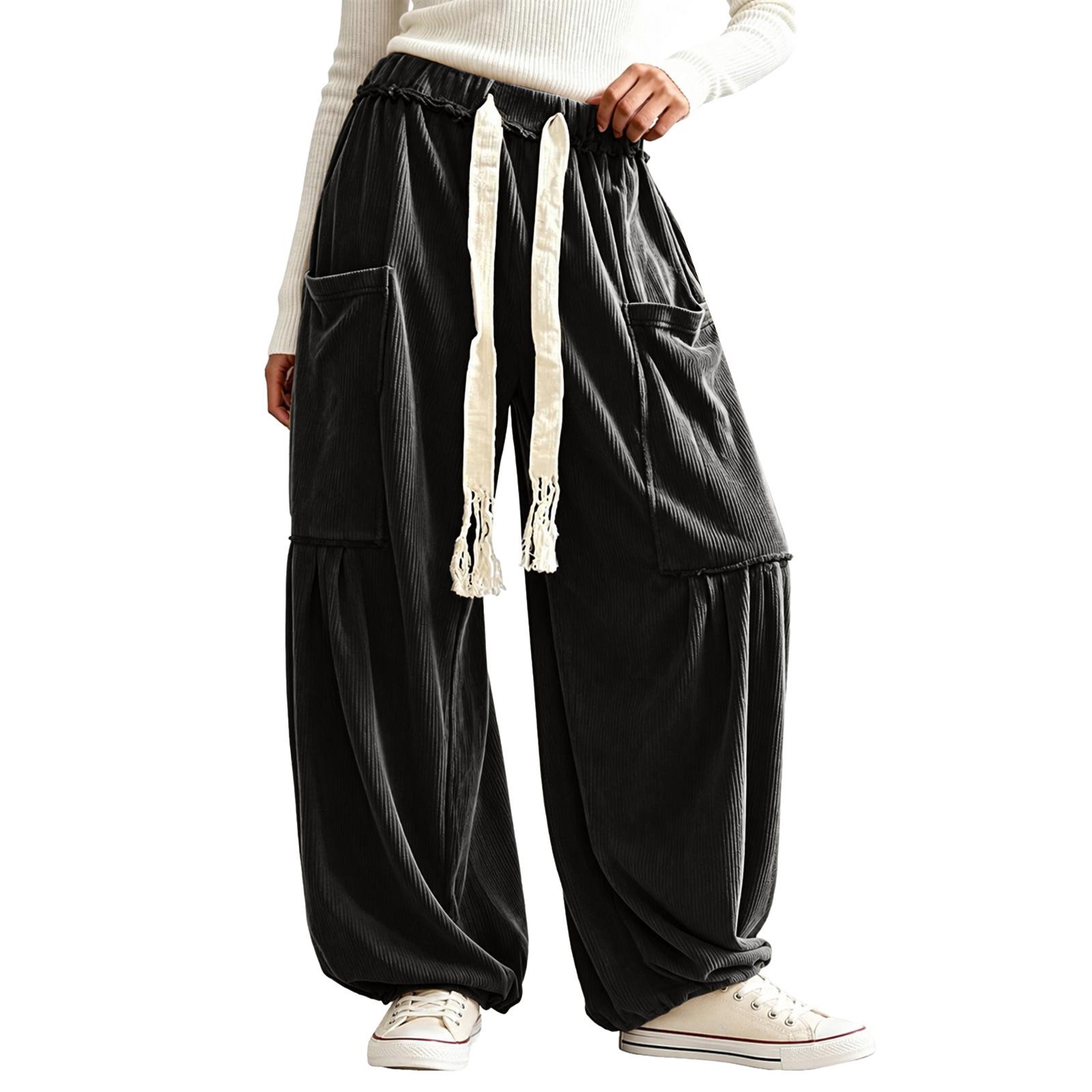 Women’s Fashionable Casual Corduroy Wide-Leg Loose-Fit Bell-Bottom Street-Style Trousers S чёрный