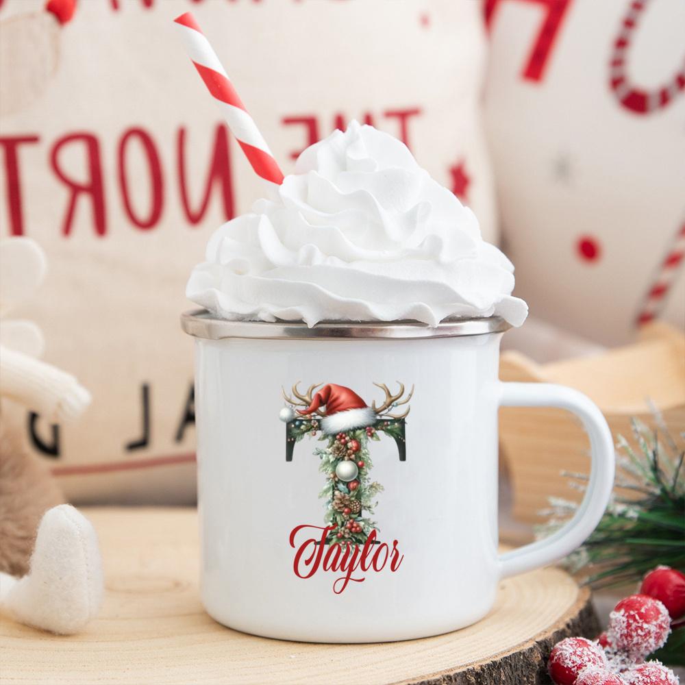Personalisierte Tasse mit individuellem Namen 26 Buchstaben Emaille Weihnachtsbecher, Geschenk für sie, Weihnachts-Kaffeetasse, Frohe Weihnachten Geschenk