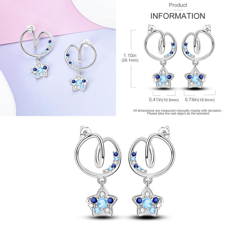 Sparkling Blue Zircon Hoop Earrings Pave U Shape Star Devil Eyes Circle S925 Drop Earring Fit Original Party Jewelry