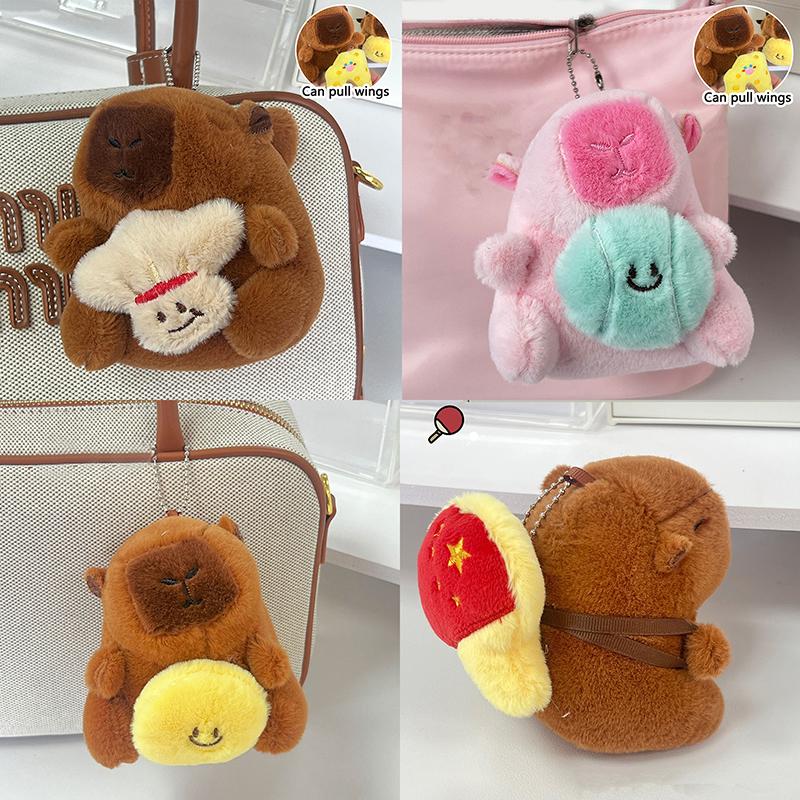 Cartoon Plush Badminton Tennis Capybara Keychain Fluffy Cute Creative Soft Stuffed Doll Pendant Backpack Decorative Accessories