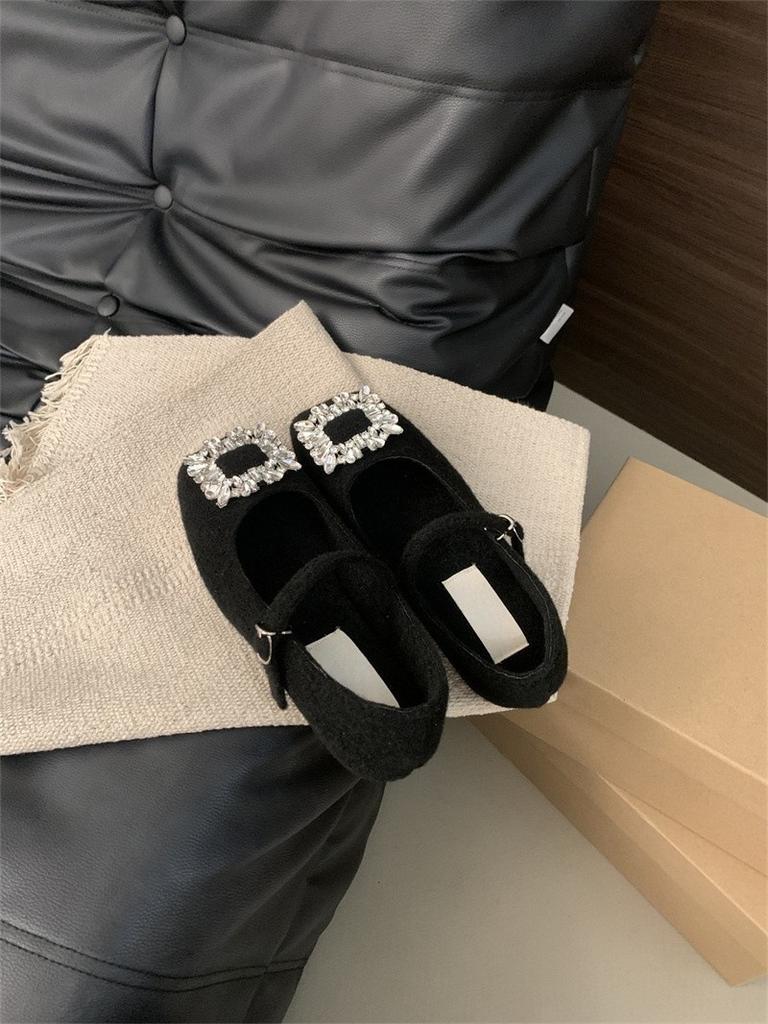 Flat season velvet square buckle rhinestone fluffy shoes femininity Mary Jane single shoes thermal cotton shoes