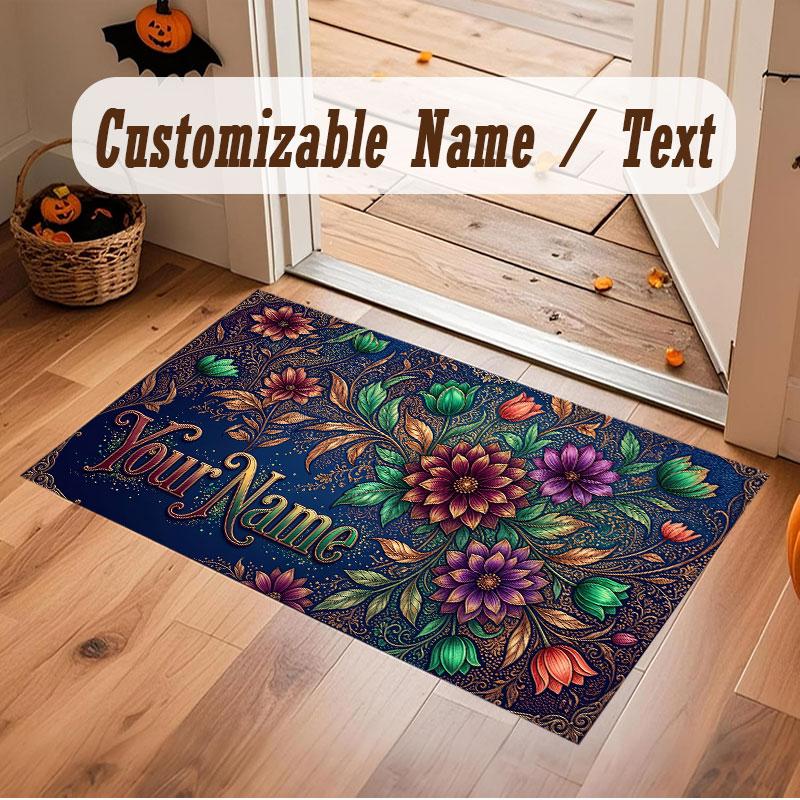 Floral Garden Theme Crystal Velvet Floor Rug Personalized Custom Name Text Warm Carpet Home Decoration