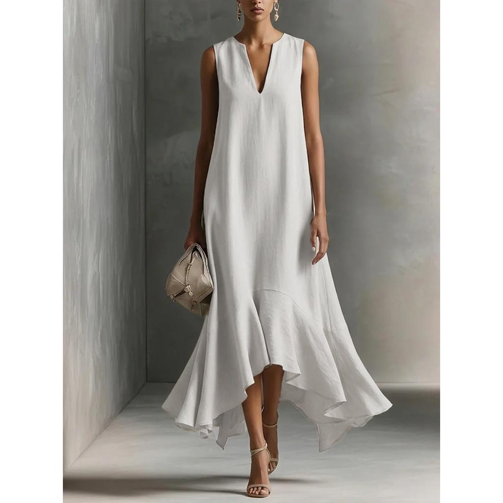 Women's V Neck Sleeveless Maxi Dress Loose Fit Casual Irregular Hem Linen Dress
