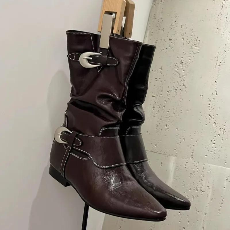 

Ретро рыцарские ботинки Осень Новая мода Острый носок Металлическая пряжка ремня Внутреннее увеличение Высокая противоскользящая Износостойкая Средняя 40