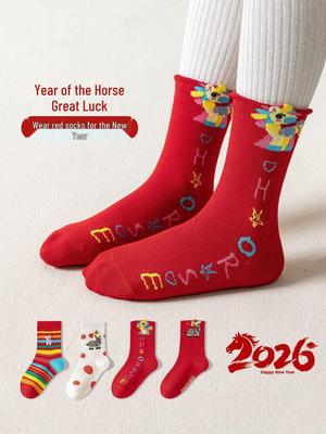Glückliche rote Tierkreiszeichen-Pferdesocken für Kinder - Festliche Baumwollsocken für Neujahr und Frühlingsfest