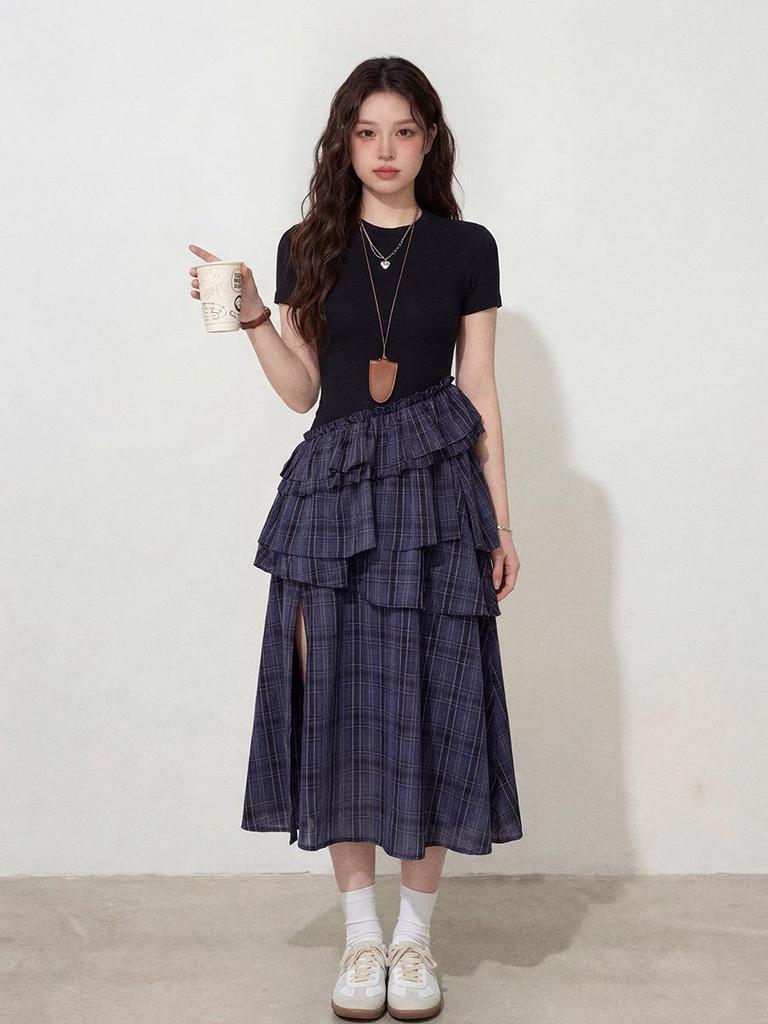 Women's Summer French Plaid Vest Dress with Waist-Cinching and Irregular Hem
