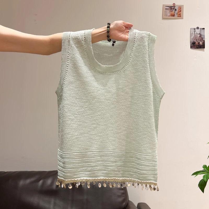 

Ethnic Style Special Tassel Sequins Knitting Vest Female 2025 New Arrival Wide Summer Outwear Fancy Sleeveless Tops Light green S