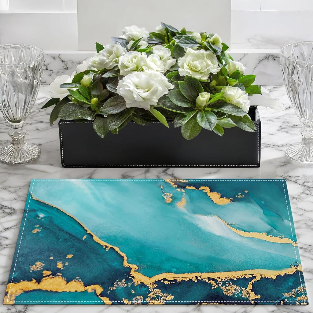 Bonhause Turquoise Marble Placemats Set of 4, 12x18 Inch Teal Gold Modern Abstract Art Kitchen Dining Table Mats Washable Place Mats for Indoor