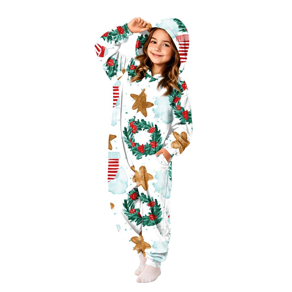 Kinder Weihnachts-Flanell-Einteiler mit Aufdruck, Hausanzug-Set