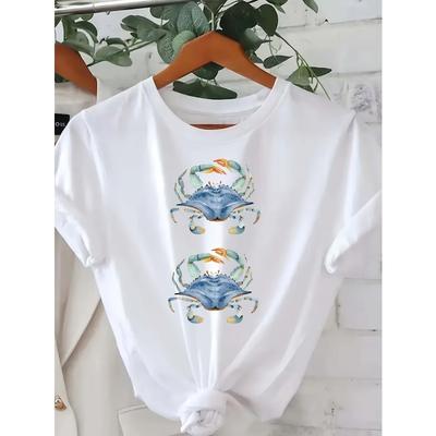 Europäische Größe 1 Stück Damen-T-Shirt mit Krebsdruck | Bequemes lässiges kurzärmeliges T-Shirt mit Rundhalsausschnitt, geeignet für den täglichen Gebrauch und modische Kombinationen