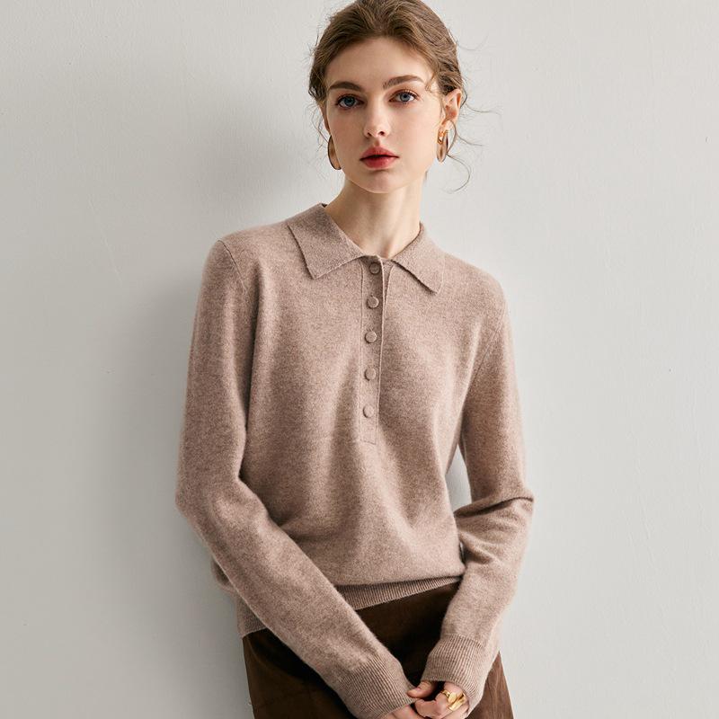 Women's 100% Pure Cashmere Polo Collar Sweater - Autumn/Winter Long Sleeve Loose Knitted Pullover