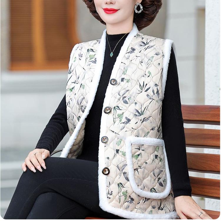 Autumn Winter Women's Flocking Vest Thick Warm Printed Fleece Cardigan Vest Outwear