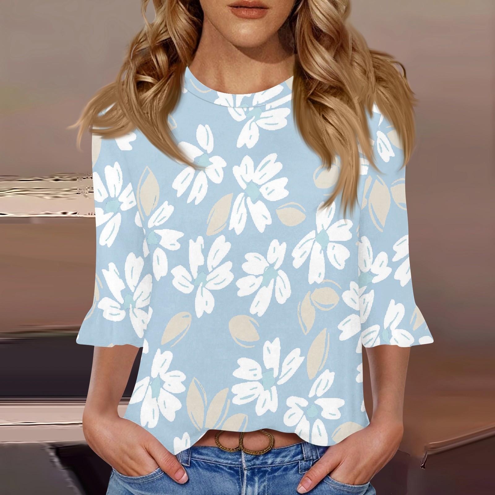 

Women s Casual 3/4 Sleeve Top Summer O-neck Puffy Sleeve T-shirt Top XXXL