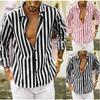 Men's Striped Long Sleeve Shirt, Slim Fit Collared Polyester Blend Shirt, Breathable Casual Top