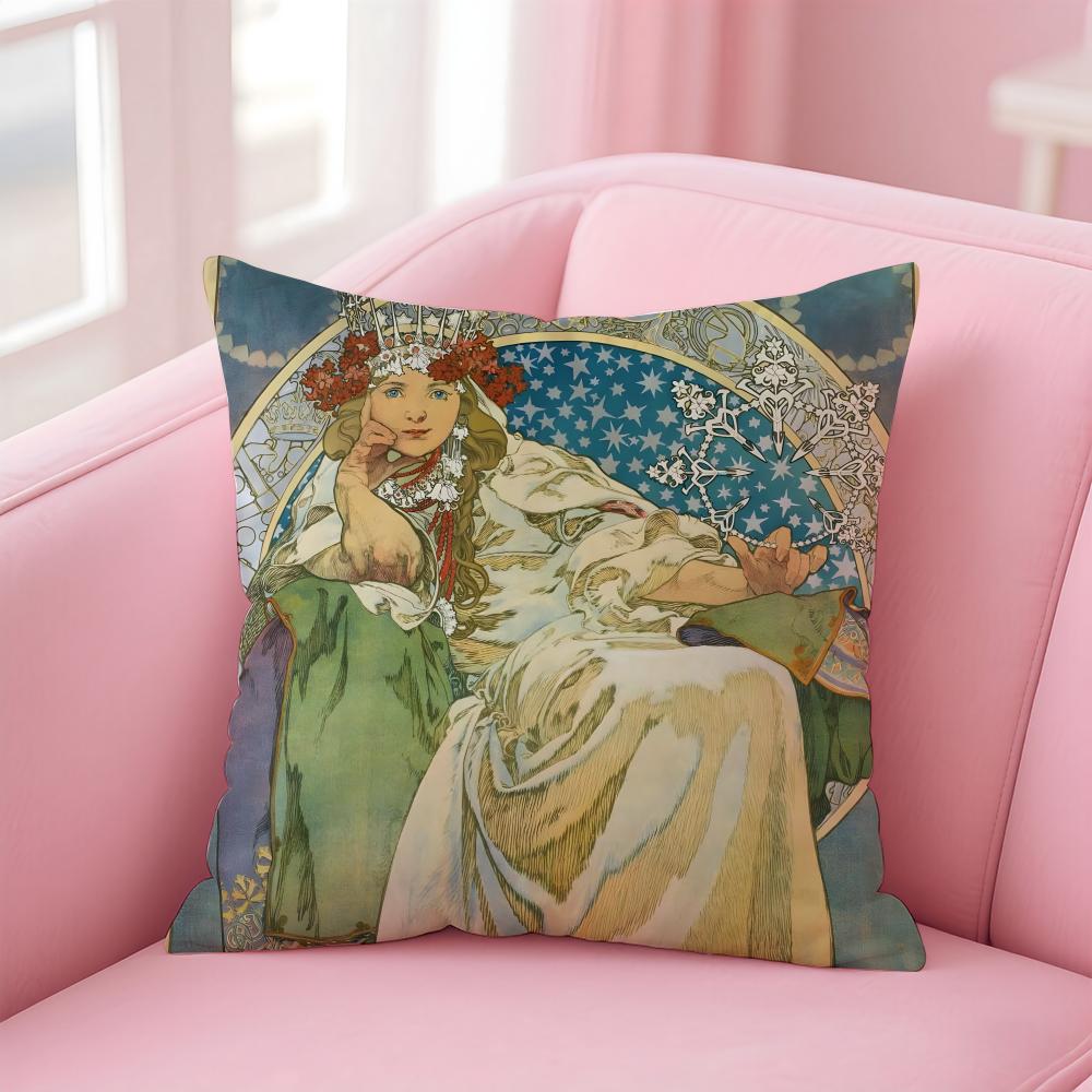 artistic AAlphonse Maria Mucha Cushion Cover Pillow Case Soft Skin Friendly Fabric Comfort Concealed Zipper