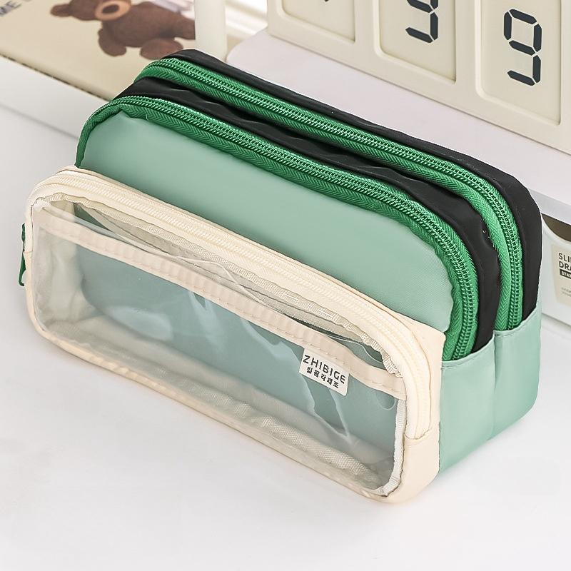 Cream Pencil Bag Pen Case Hitting Color Blocked Staged Type Transparent Front Pocket Storage Pouch for Stationery