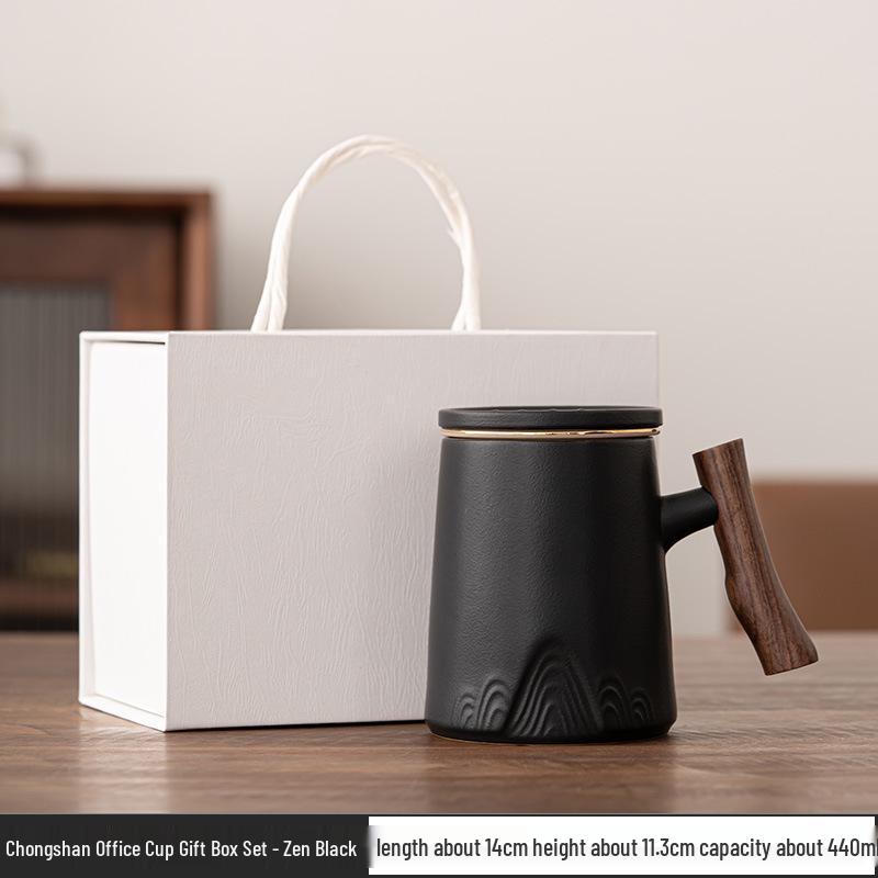 Ceramic Tea Cup with Water Separation, Large Capacity, All-Ceramic Filter, Walnut Wood Handle, Customizable Logo.