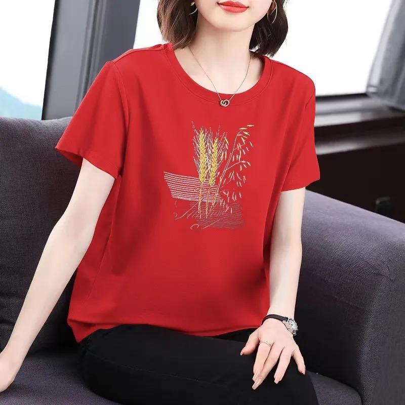 Women's Summer Black Wheat Embroidery Crew Neck Short Sleeve T Shirt