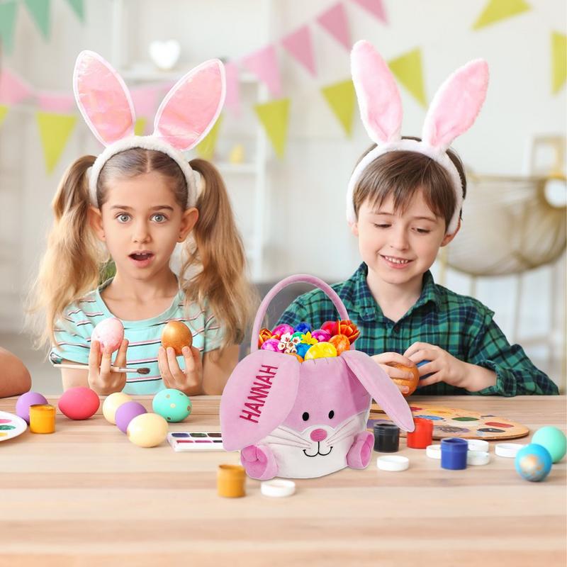 Plush Bunny Easter Basket Soft Festive Candies Storage Container Empty Embroidered Easter Basket With Handle For Boys Girls Cute