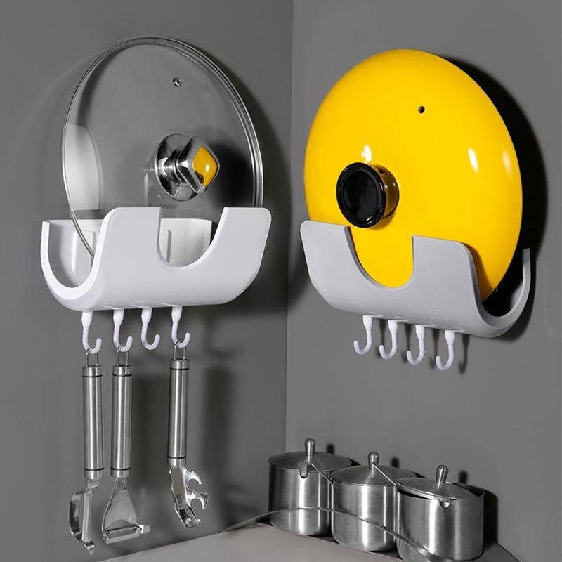 Household Pot Rack Wall Hanging Free Punching Pot Shelf Kitchen Supplies Rack Cutting Board Lid Stor