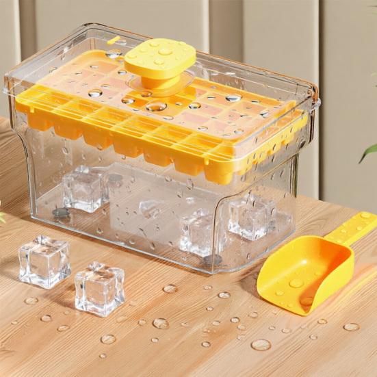 Eiswürfelform mit Schaufel und Aufbewahrungsbehälter 34/68 Fächer Eiswürfelform Ein-Knopf-Schnellentleerung BPA-frei Eiswürfelbereiter für Gefrierschrank und