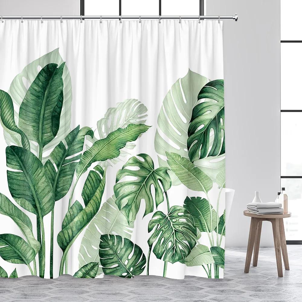 Tropical Plant Leaves Shower Curtain Hummingbird Palm Leaf Monstera Butterfly Watercolour Art Fabric Home Decor Bathroom Curta