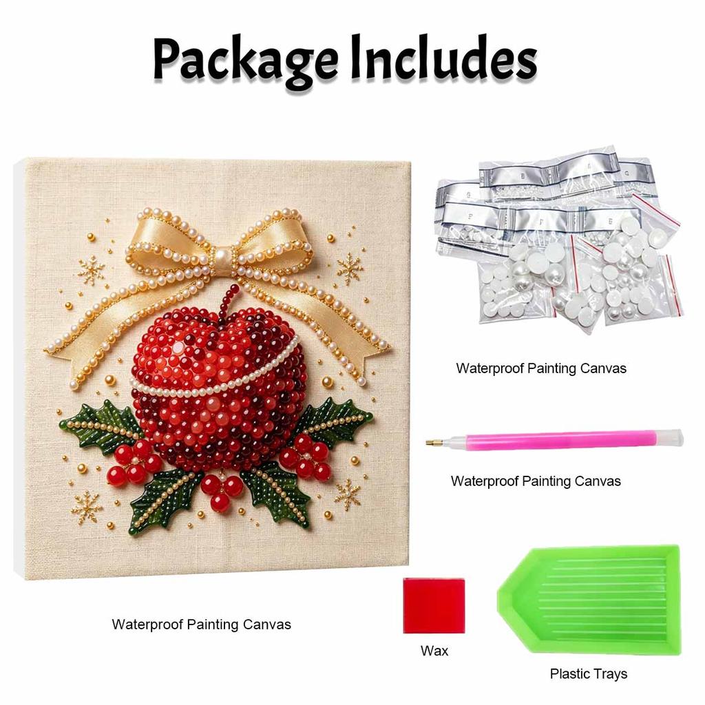 DIY 5D Pearl Painting Kit Framed with Festive Christmas Apple and Holly Bow Design Sparkling Bead Canvas Art Creative Gift for Nursery Room Decor