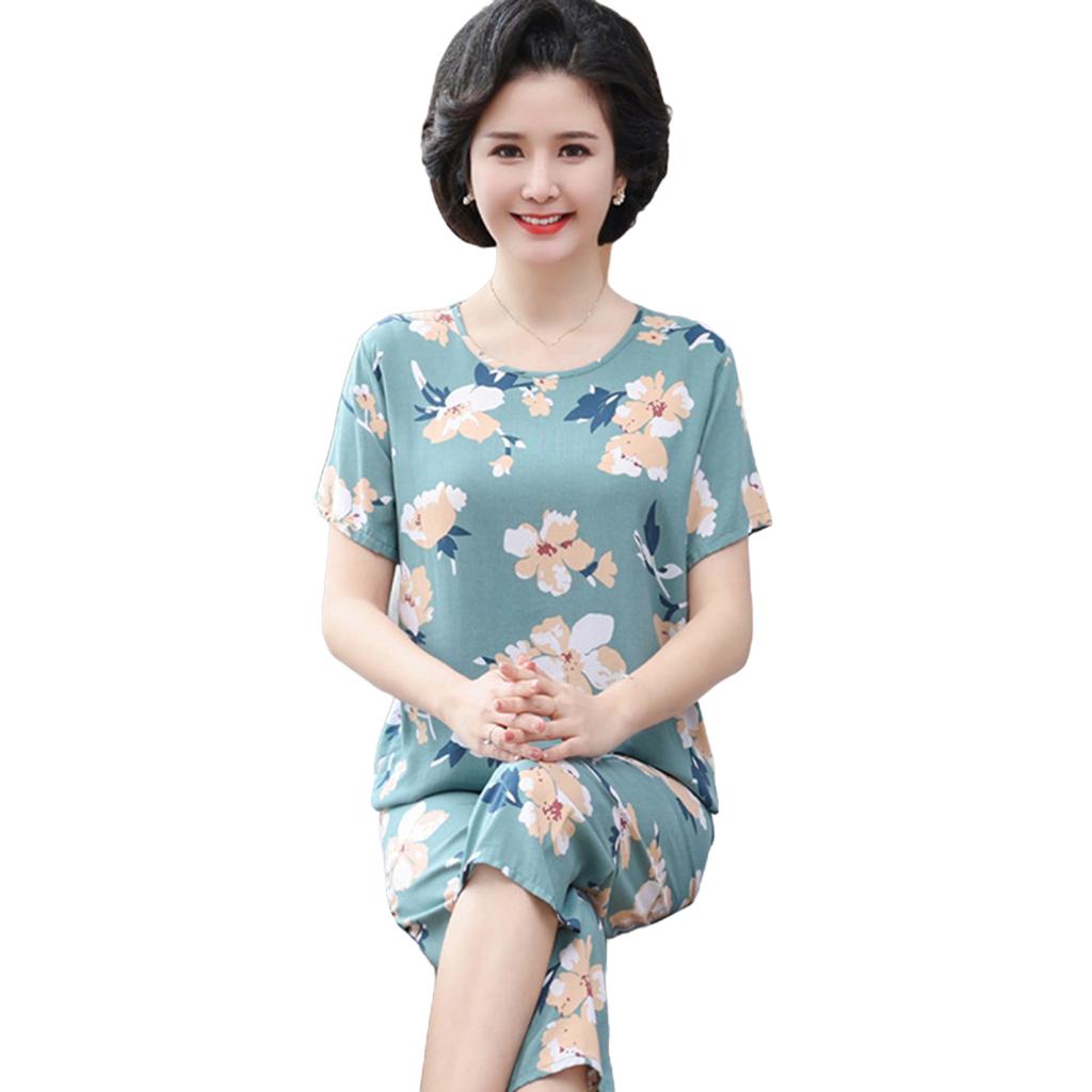 Ensemble pyjama d'été 2 pièces pour femme, haut et pantalon, imprimé floral, pantalon court, vêtements de nuit, col rond, grande taille, t-shirt, vêtements d'intérieur décontractés