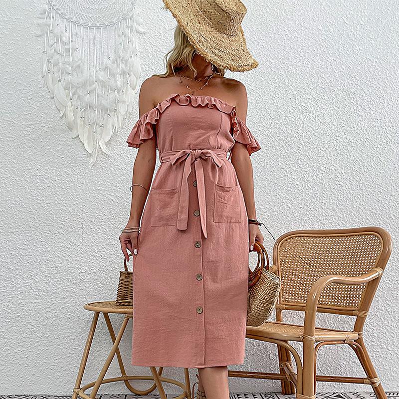 Summer women's casual simple style one-word shoulder dress