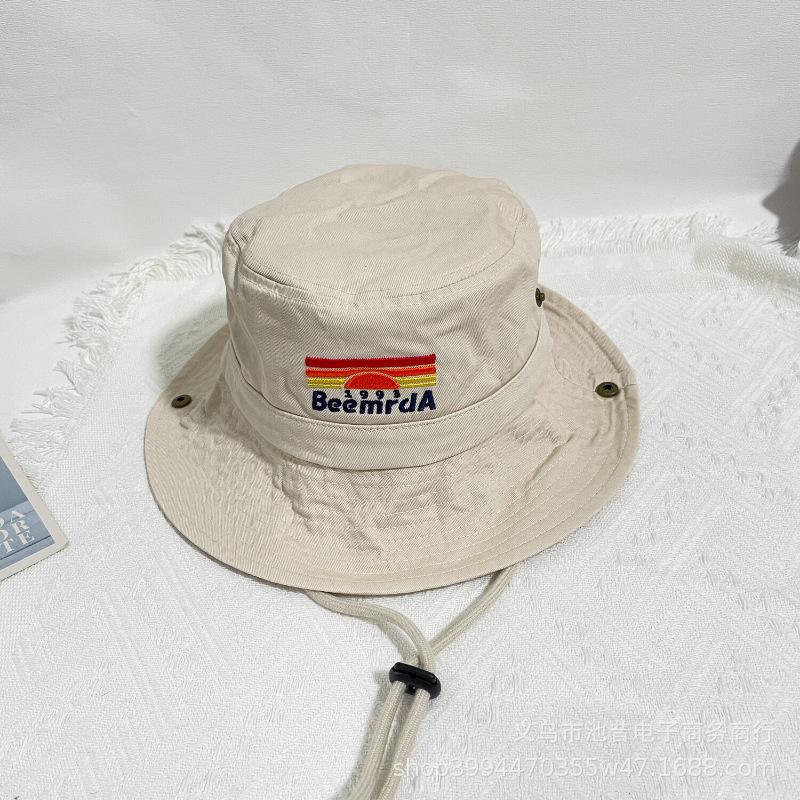 Korean Niche Design Sunrise Embroidered Bucket Hat Sunscreen Sunshade Washed Cotton Basin Hat Versatile for Men and Women