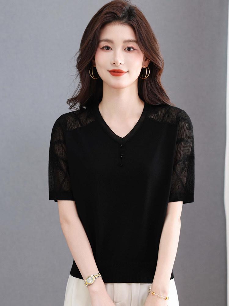 Women's Summer Ice Silk V-Neck Lace Knit T-shirt: Age-Defying, Tummy-Concealing Short Sleeve for Mid-Aged Moms 40s.
