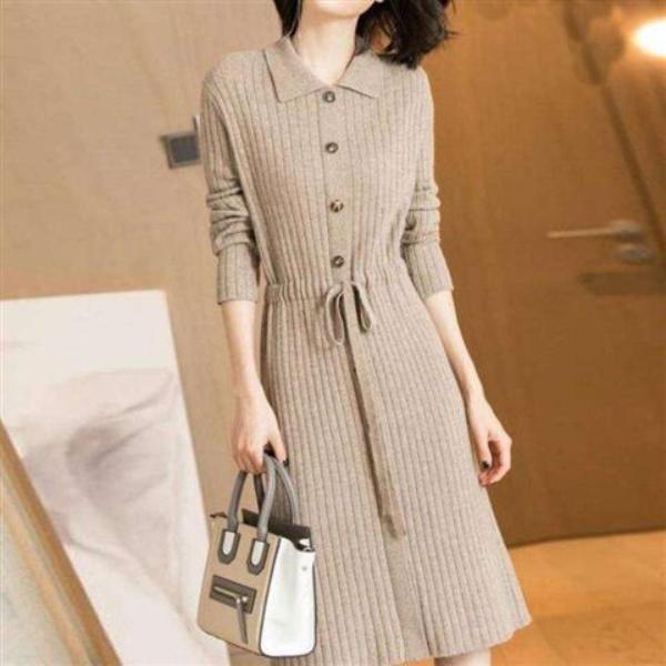 Spring Autumn Lapel Knit Dress Women's Long Loose Tie Sweater Dresses