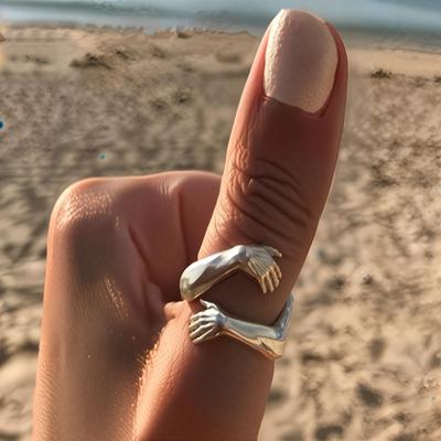 Kreative silberfarbene Hand-Umarmungsringe Kreative Liebes-Umarmung Verstellbare offene Ringe für Frauen Männer Schmuck Geschenk AVE