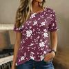 Damen Kurzarm Rundhals Oberteil Blumenprint Knopfdetail Lässiges T-Shirt Bluse Leichter Weicher Stoff Patchwork Design