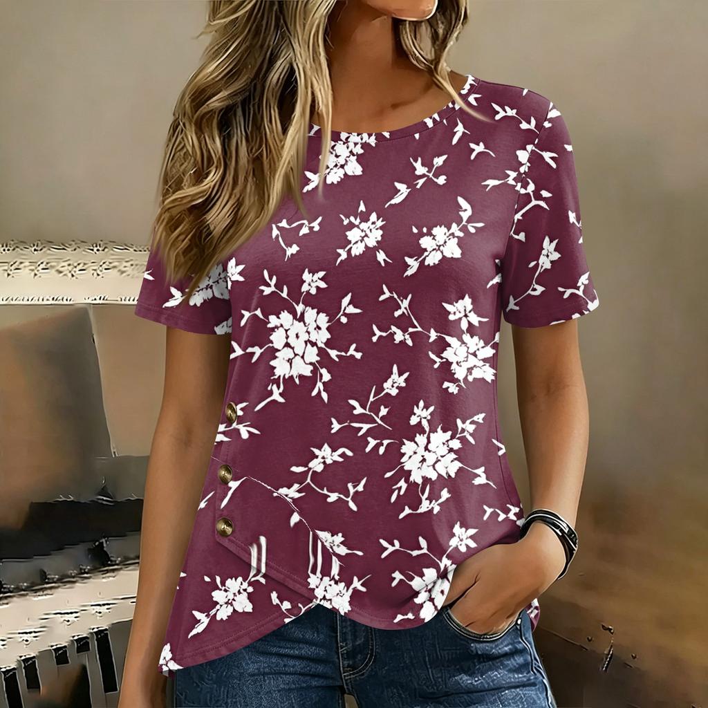 Damen Kurzarm Rundhals Oberteil Blumenprint Knopfdetail Lässiges T-Shirt Bluse Leichter Weicher Stoff Patchwork Design