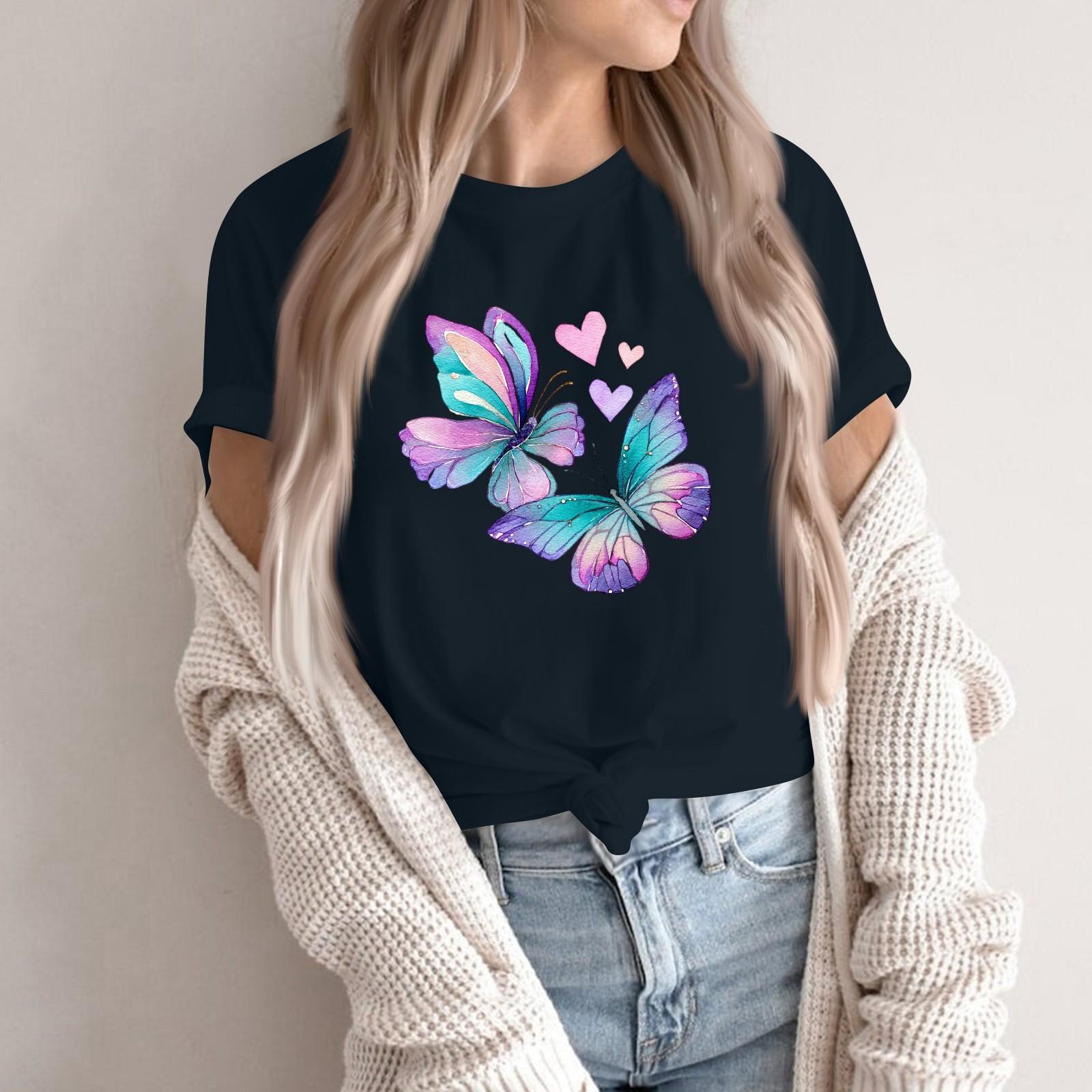 

Women s Fashion Casual Printed Round Neck Short Sleeved Pullover T-Shirt Top M Темно-синій