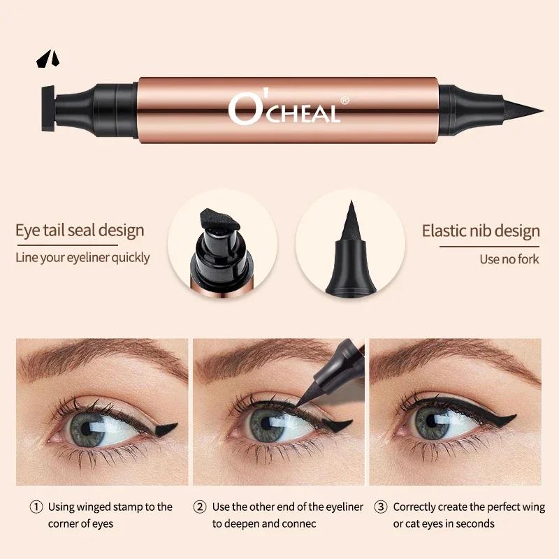 O'CHEAL Tampon Eyeliner Noir Crayon Eyeliner Liquide Waterproof Sèche Rapide Double Embout Crayon Eyeliner Maquillage pour Femmes Outil Cosmétique