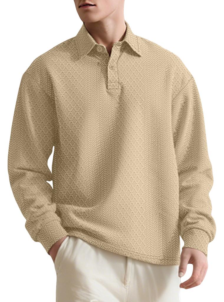 Men's New Solid Color Textured Jacquard Polo Sweatshirt, Lapel Long Sleeve Loose Fit Button Casual Pullover, European American Style