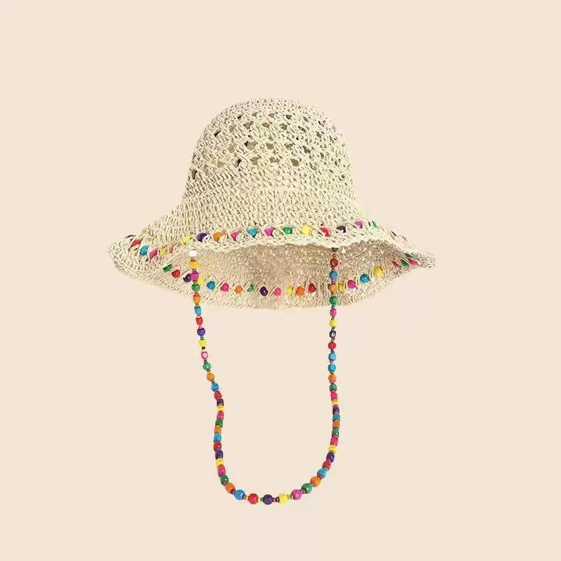 Summer colored wood beads Yafeng straw hat sunscreen 2025 new seaside sunshade brim bucket hat foldable