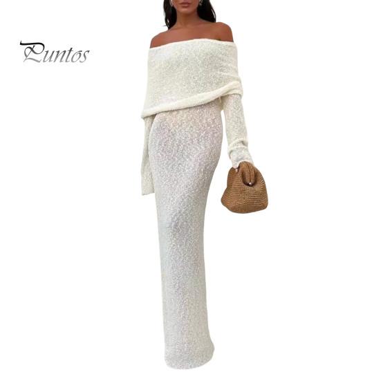 

Платье макси, сексуальное, эластичное, с длинным рукавом, открытыми плечами, однотонное, облегающее, длинное платье, не мнется, вечернее платье L белый