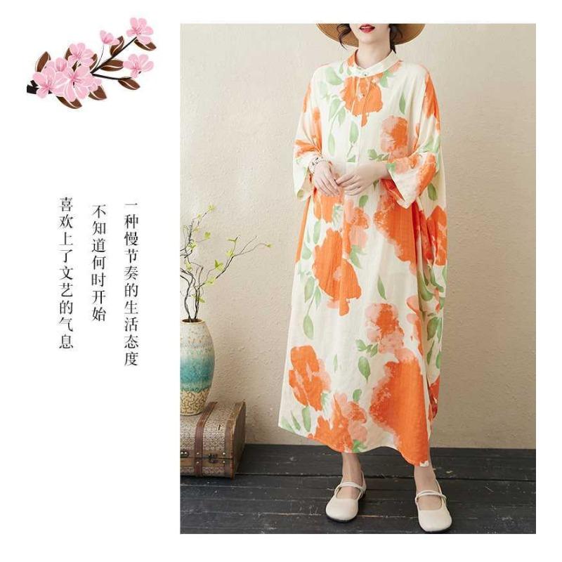 2025 Printed Stand Neck Loose Extra-Large Size Vacation Dress
